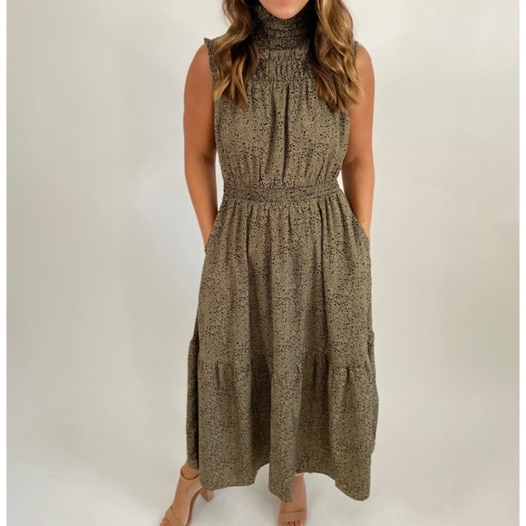 THML Dresses Thml Boutique Olive Green High Neck Smocked Sleeveless